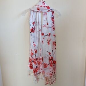 Pashmina Cream Scarf with Red And Pink Floral Print and Fringe